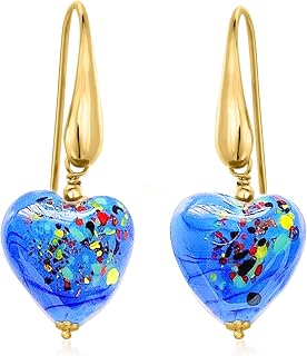 Kaibig Handmade Murano Glass Heart Drop Earrings for Women - 18K Gold-Plated, Lightweight Vibrant Blue Dangle Jewelry Gift