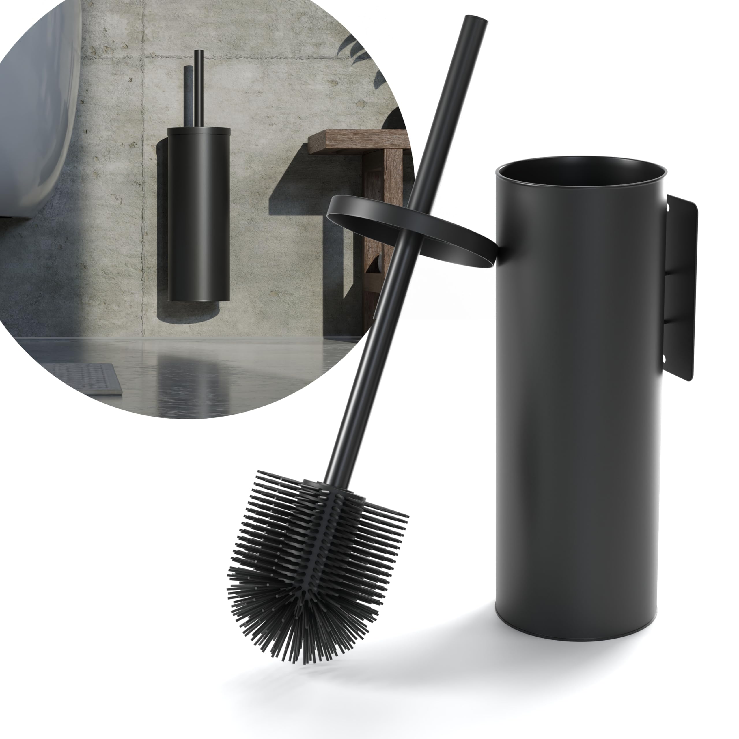 SAVEGA – Klobürste Silikon schwarz zur Wandmontage – WC Bürste ohne Bohren mit Klobürstenhalter – Hygienische Toilettenbürste flach & flexibel – WC Bürstengarnitur Modern
