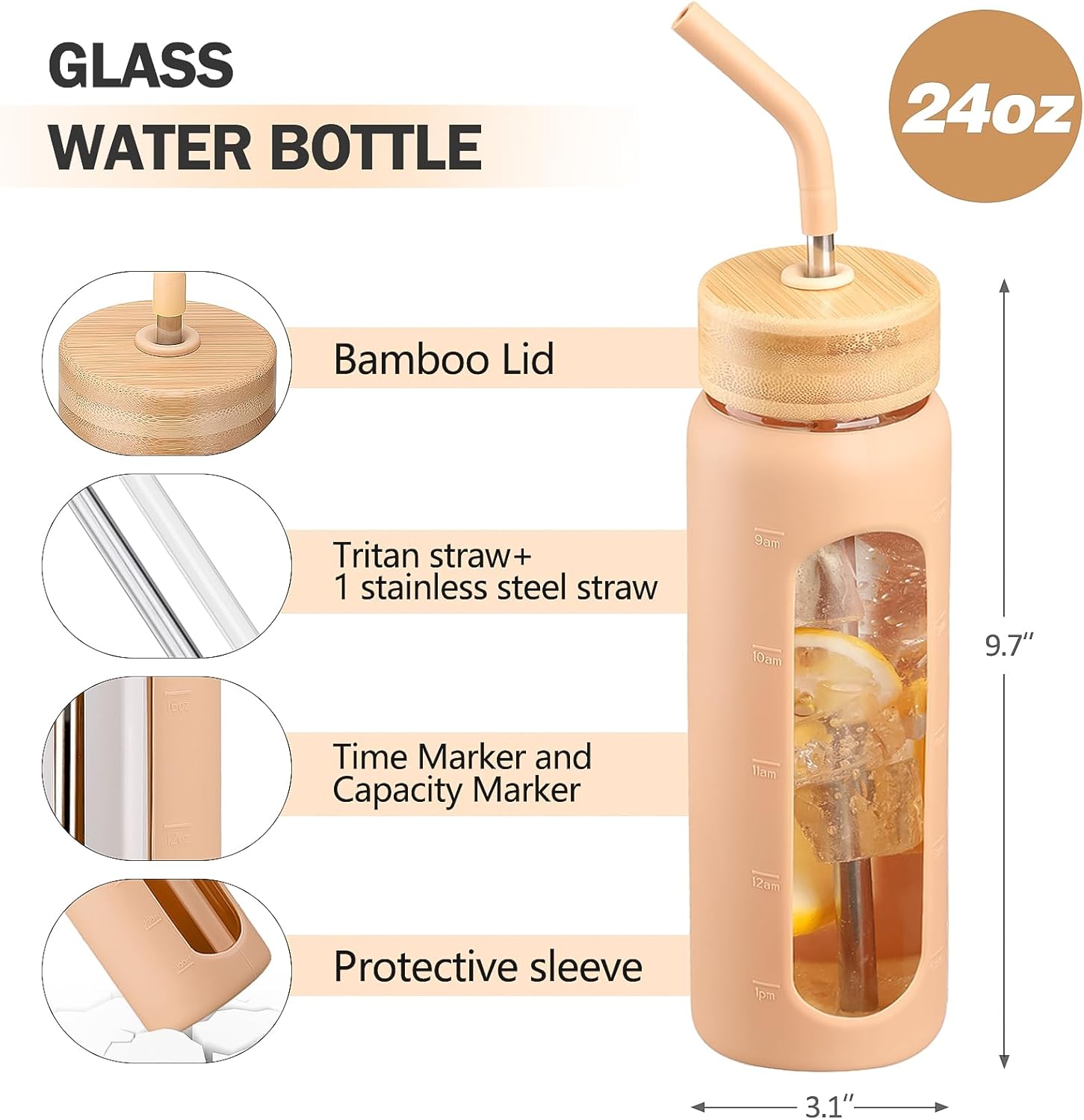 24oz Glass Water Bottle with Straw and 2 Lids-Bamboo and Spout Lid, Borosilicate Glass Water Bottle with Silicone Sleeve and Time Marker,BPA Free & Cupholder Friendly,Amber - Image 3