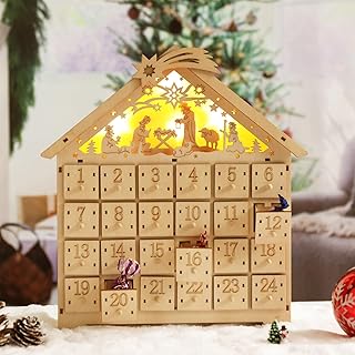 Christmas Wooden Advent Calendar with Drawers, Countdown to Christmas Refillable Wood Advent Calendar with Lighted LED Nativity Holiday Home Decorations
