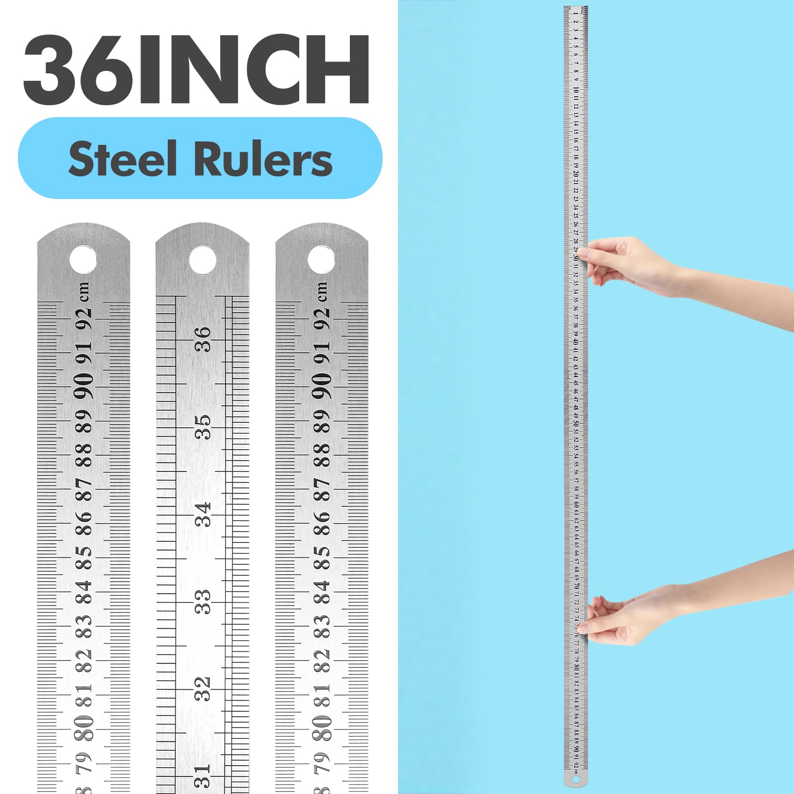 EBOOT Paquete de 12 reglas de acero inoxidable de 36 pulgadas, reglas de metal, graduaciones imperiales y métricas para medición de precisión, palo de patio para construcción, dibujo y carpintería