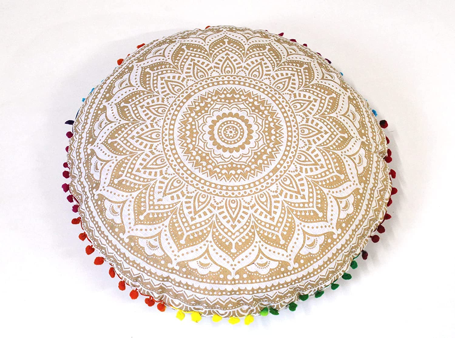 Round Pouf Cover - Gold Cotton with Pom -3