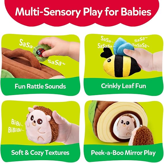 Baby Toys 6-12 Months, Woodland Stuffed Animals for Babies, Soft Plush Sensory Toy Set with Crinkle, Rattle, Mirror & Tree Stump Storage, Cause and Effect Baby Gifts for Boys Girls