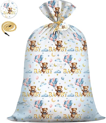 KIDAJOY Bolsas de regalo extra grandes de oso de peluche, baby shower, Jumbo We Can Bearly Wait, bolsa de regalo de plástico para niñas y niños