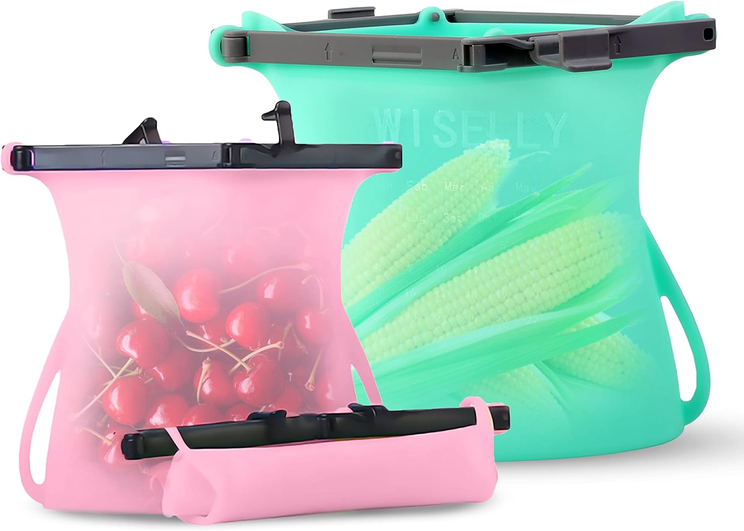 Reusable Silicone Storage Bags StandUp Food Bunker Set of 3 (2 x 33 Oz + 101 Oz) For Freezing