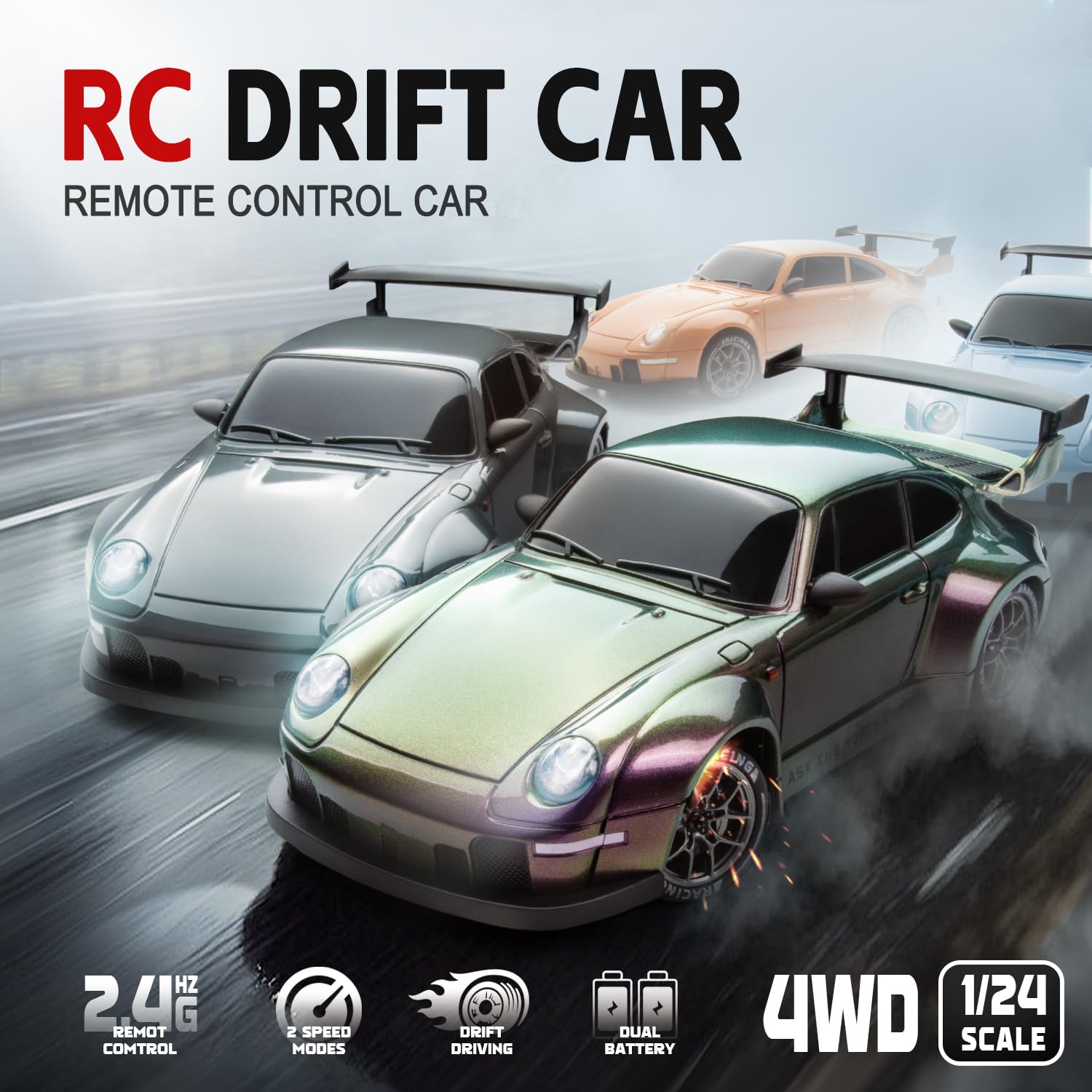 RC Drift Car, 1:24 Scale Remote Control Vehicle with LED Lights, 2.4GHz 20KM/H 4WD High Speed RC Cars, Drifting Tires?Two Batteries, Racing Sports Toy Idea Gift for Adults Boys Girls and Kids