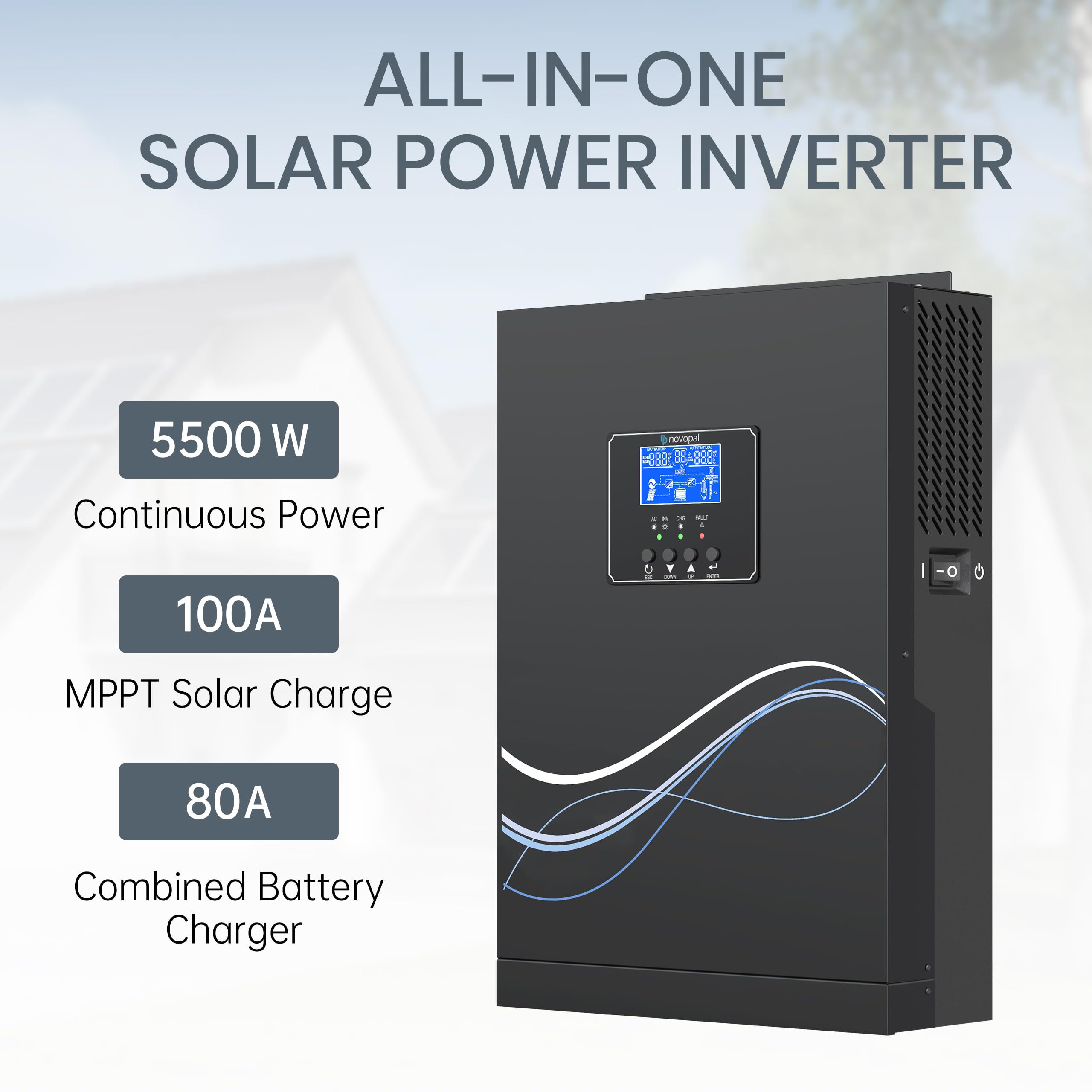 NOVOPAL 5500W Hybrid Onduleur 48V DC vers 220V/230V AC Off Grid Pur Sinus Solar Convertisseur avec 100A MPPT régulateur de Charge PV Maximum 500V DC Travail avec 48V Plomb