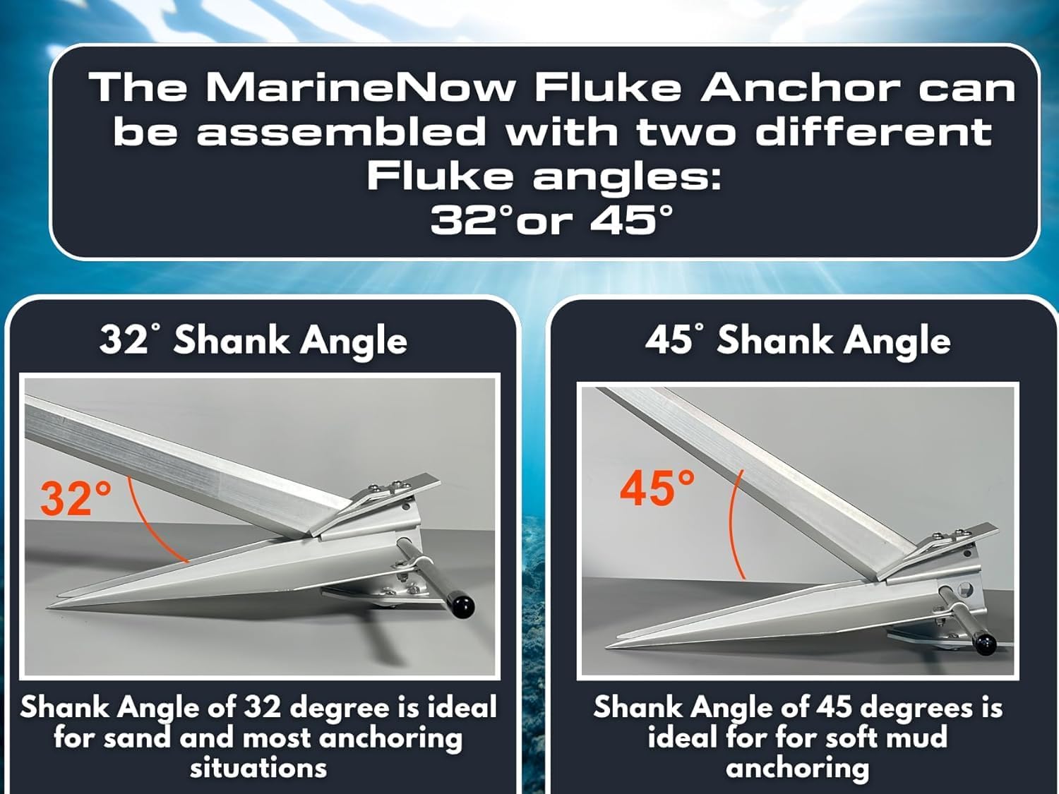 MarineNow Premium Aluminum Fluke Style Anchor – 4 lb, 7 lb, 10lb, 47 lb | Fits Boats 16–68 ft | Ultralight Alloy with Dual Shank Angles (32°/45°) | Corrosion-Resistant