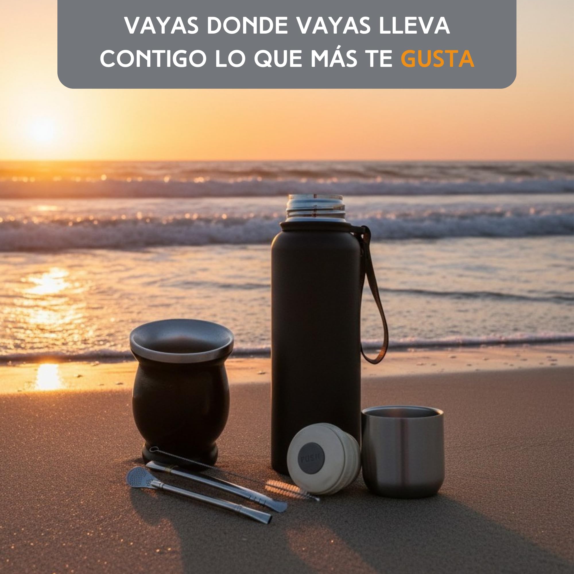 NERTHUS FIH 1594 - Kit de Mate con Vaso de Doble Pared de Acero Inoxidable de 250 ml + Dos Bombillas Pipas para Mate con cepillo limpiador + Termo Acero Inóxidable 500ML