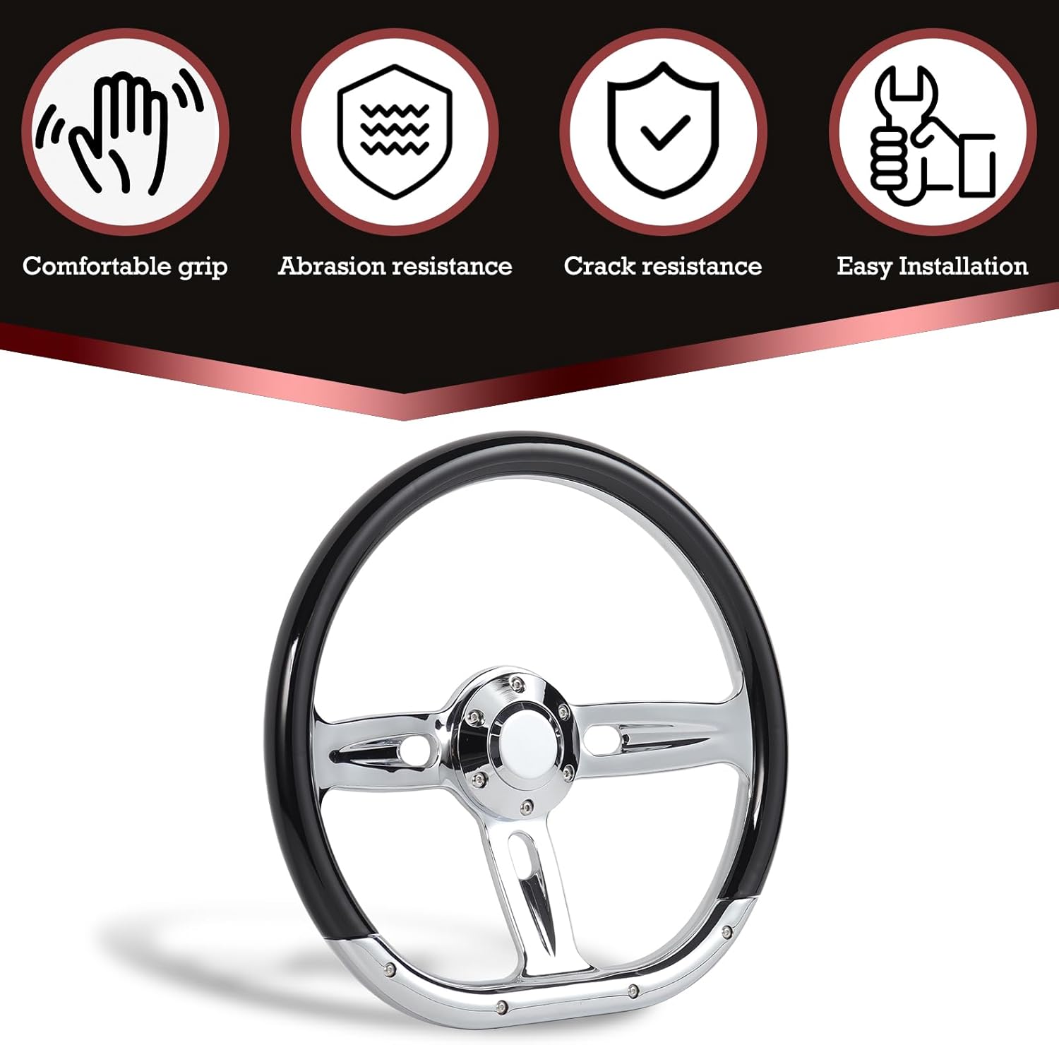 14Inch D-Shape Universal Steering Wheel - 350mm Chrome-Plated Aluminum Alloy 3 Spokes 6 Holes 50mm Deep Dish for Car Racing Car Classic Car Vintage Car Universal Steering Wheel