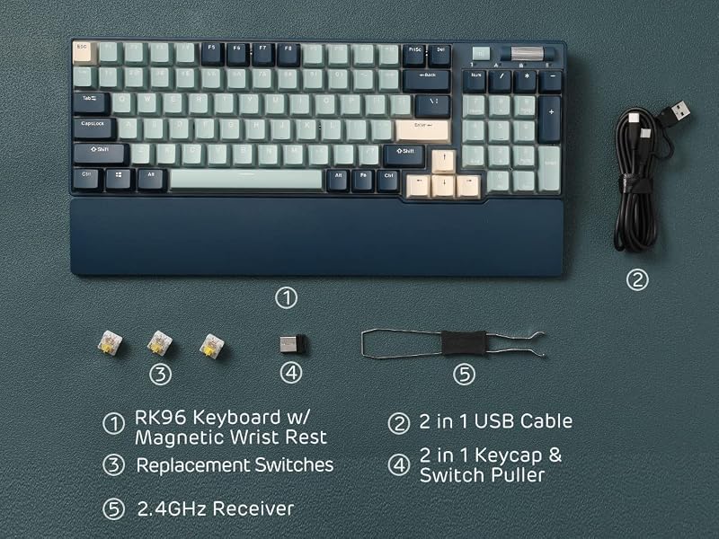 RK ROYAL KLUDGE RK96 RGB mechanikus billentyűzet, 96 gomb, Bluetooth 5.0, erdei kék