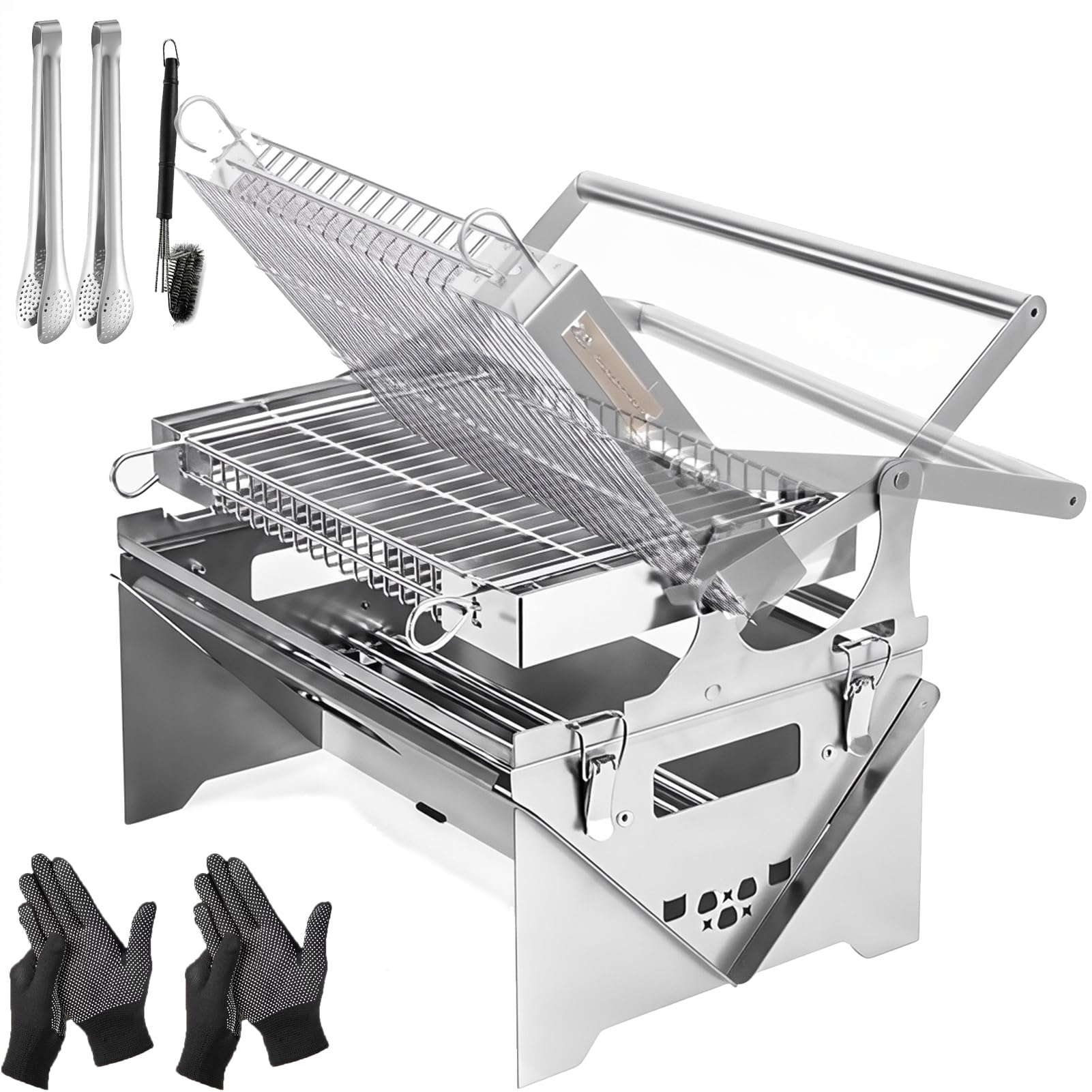 Parrilla de carbón giratoria de acero inoxidable desmontable para picnic y camping