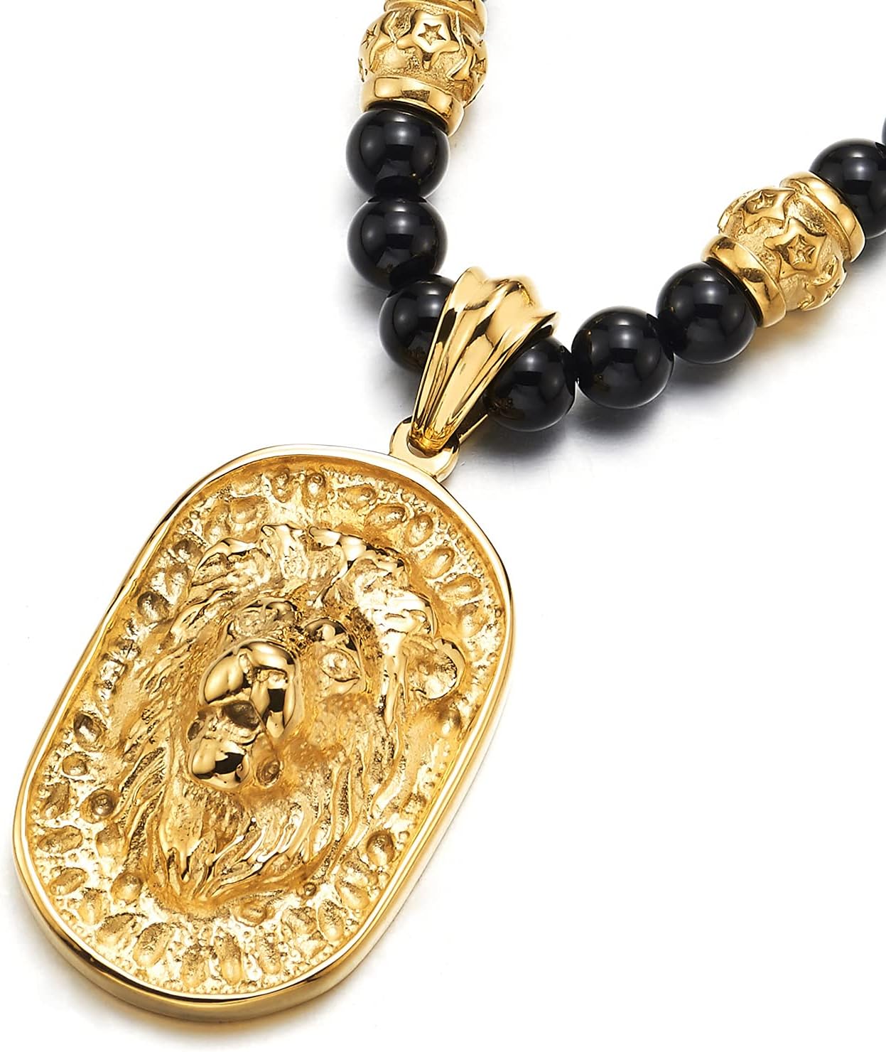 COOLSTEELANDBEYOND Gothic Style Mens Beads Necklace with Stainless Steel Lion Head Shield Pendant