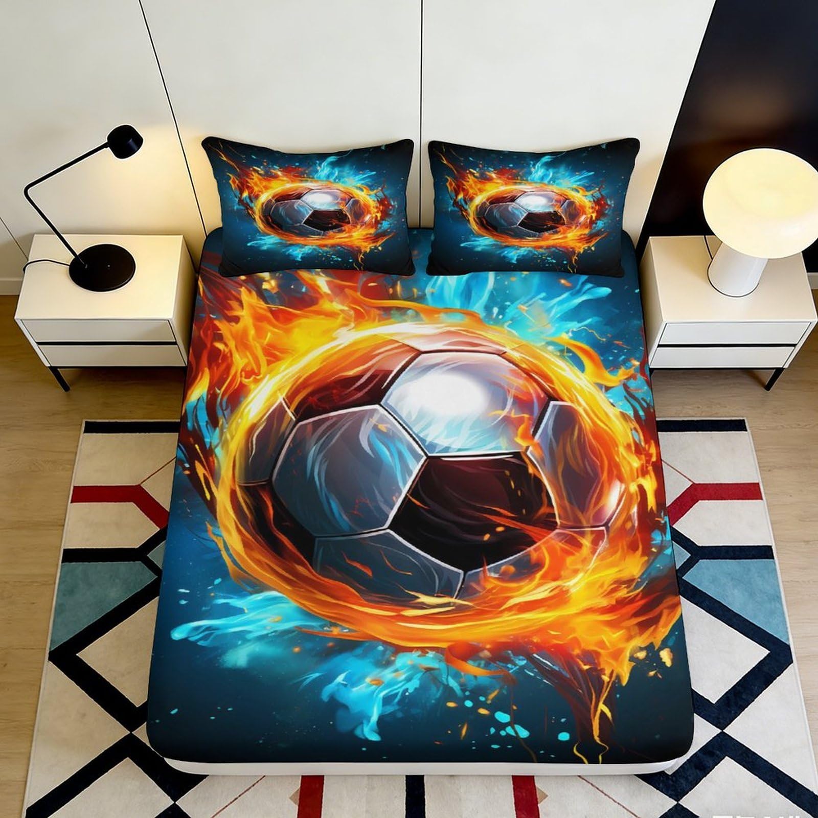 3D Printed Fiery Soccer Ball Fitted Sheet Microfiber Soft Breathable Blue Flame Bed Sheet for Bedroom Dorm Decor 90x200x25cm