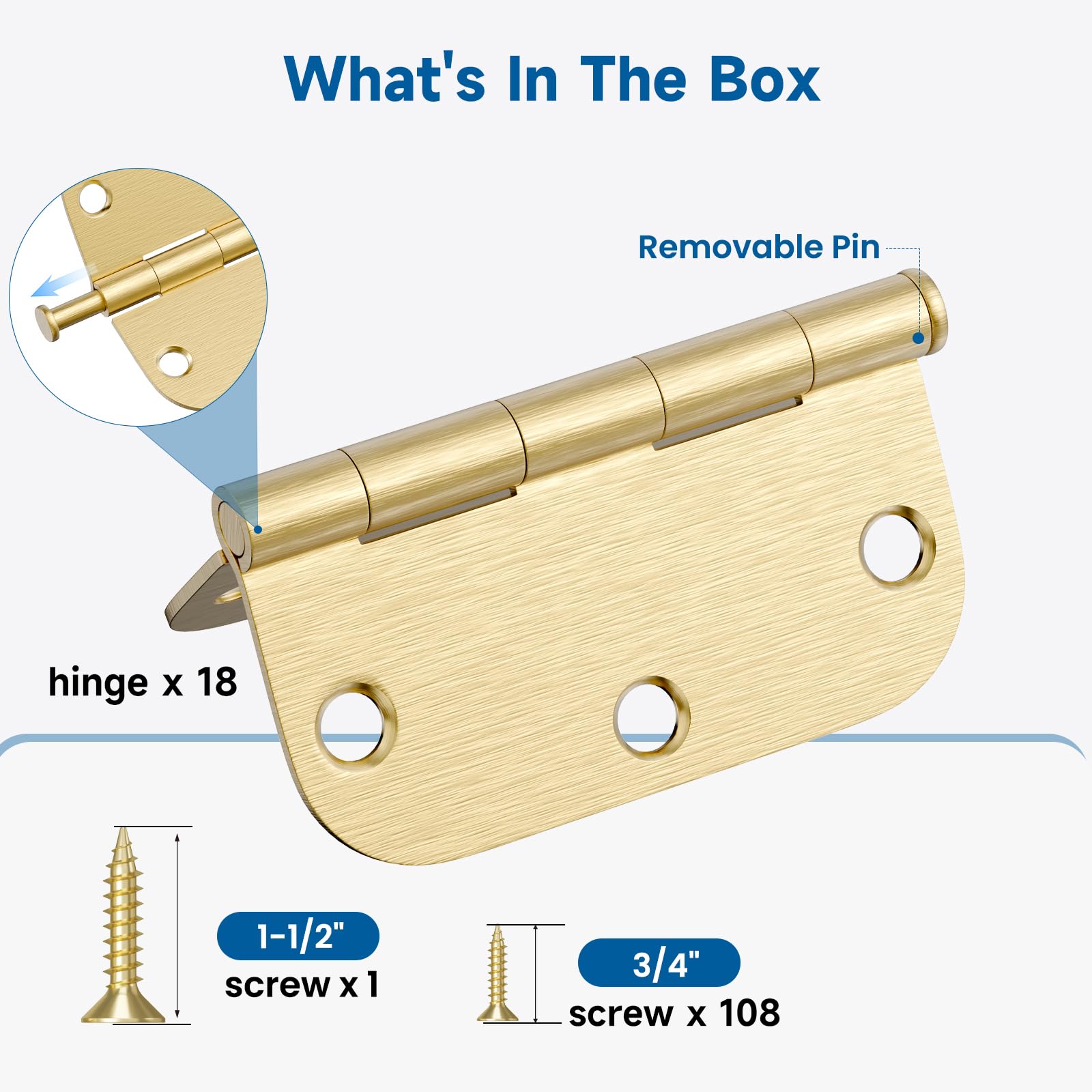 HOSOM Cerniere per porta in ottone spazzolato, 8,9 cm, con angoli arrotondati da 1,5 cm, cerniere per porte interne da 8,8 cm, per porta resistente, confezione da 18