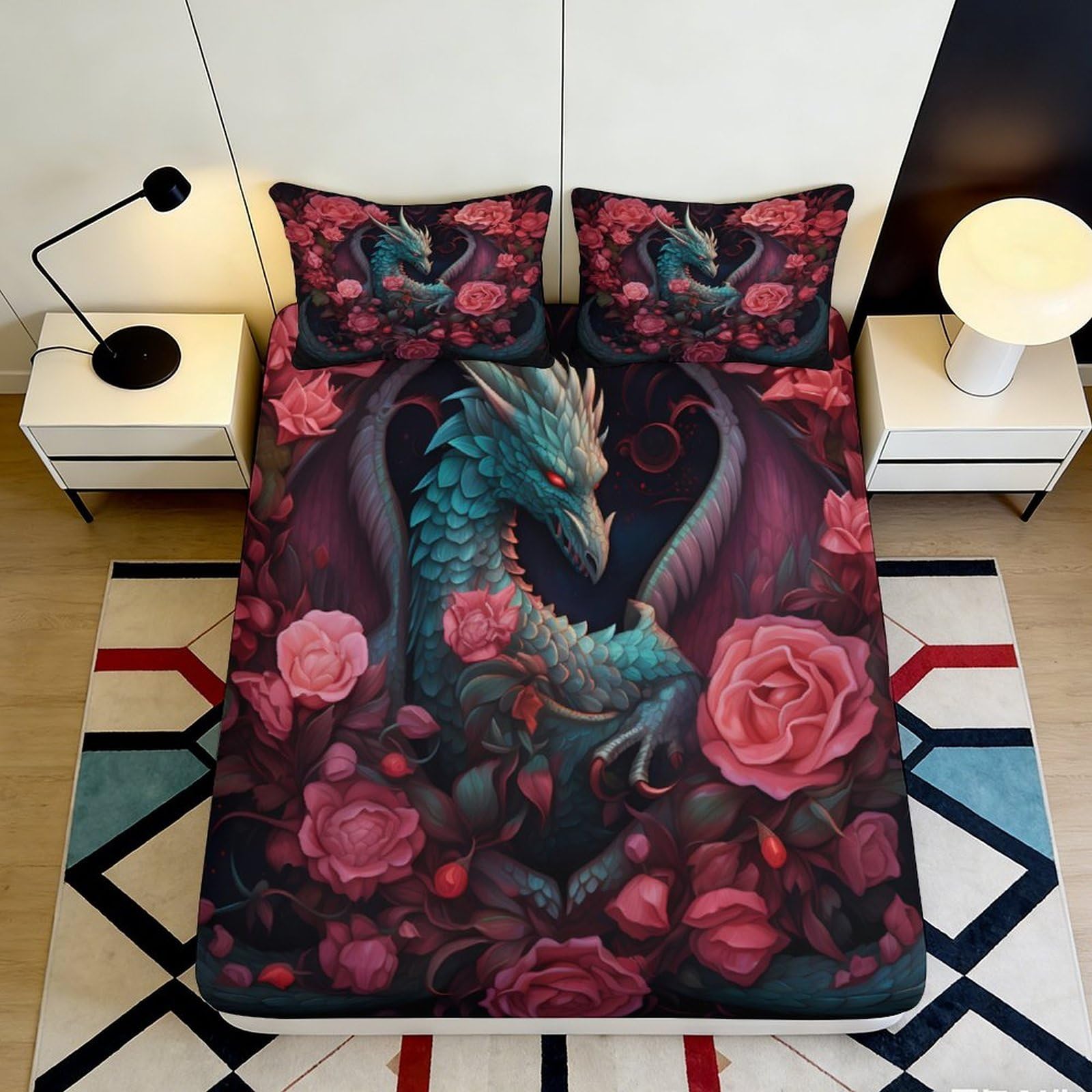 Decorative 3D Printed Dragon Fitted Sheet, Microfiber Soft Touch Bed Cover, Rose Pattern, Bedroom or Guest Room Bedding, Easy Care, Wrinkle Resistant, 118 Char 90x200x25cm