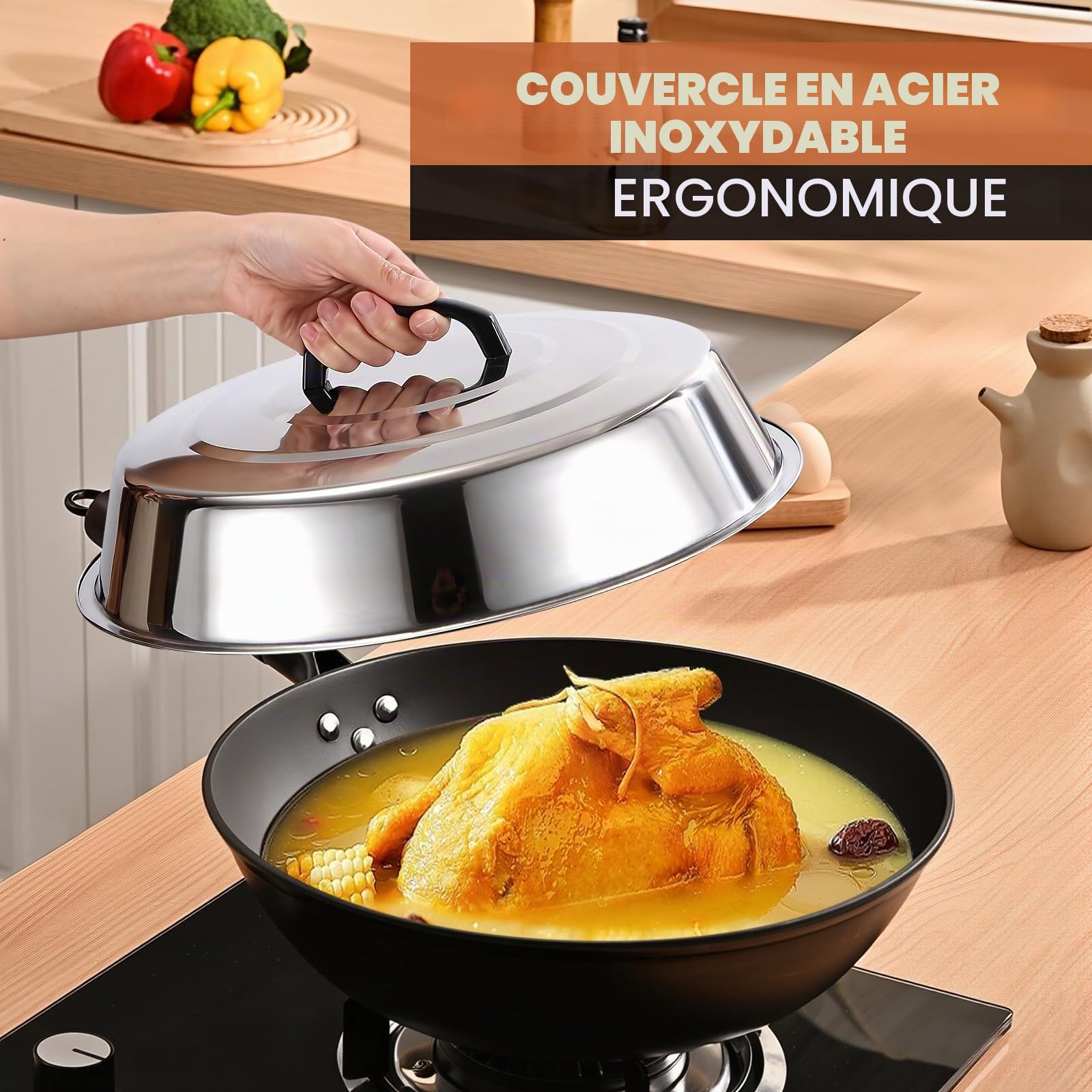Couvercle en Acier Inoxydable, Dôme de Fusion pour Plancha, Cloche de Cuisson avec Poignée pour Casseroles et Poêles, Idéal pour Barbecue, 48cm