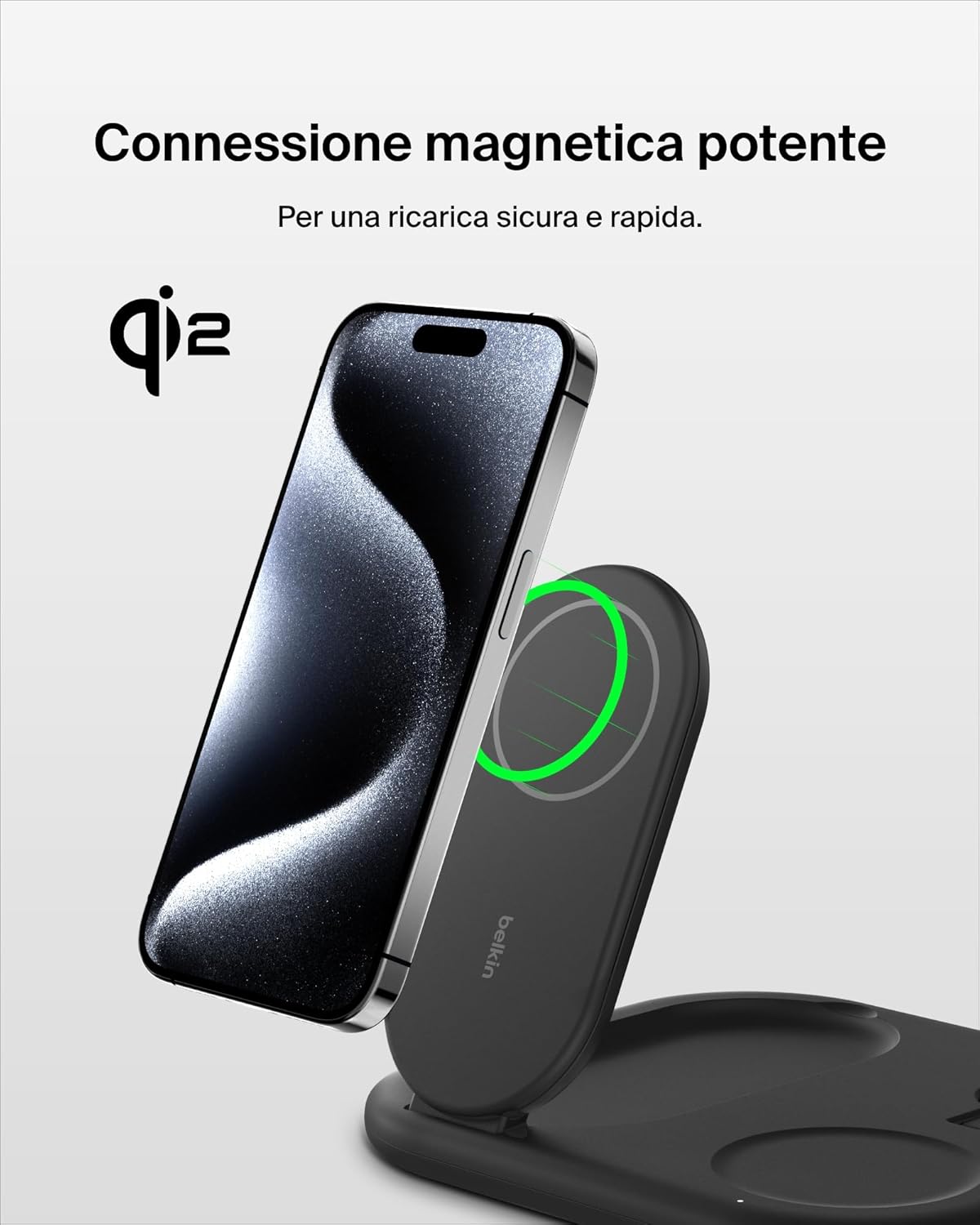 Belkin BoostCharge Caricabatteria magnetico pieghevole 3 in 1 con Qi2 da 15 W, caricatore rapido MagSafe per Apple iPhone 15, Apple Watch ed AirPods, base antiscivolo, alimentatore incluso, nero - Immagine 4