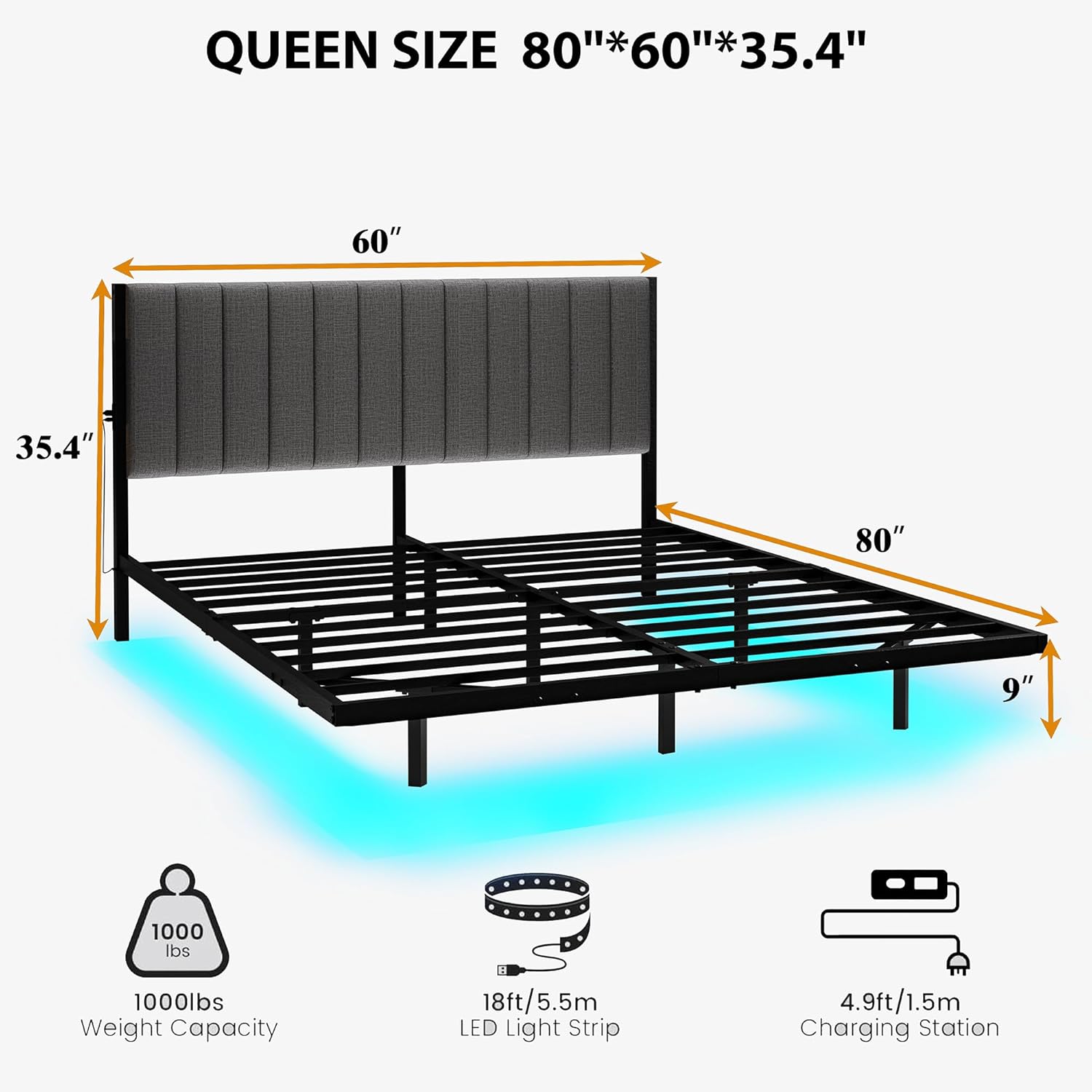 Floating Queen Bed Frame with LED Lights & Charging Station,Modern Metal Platform Bed Frame Queen Size with Upholstered Headboard,No Box Spring Needed,Heavy Duty Steel Slats,Easy Assembly,Noise Free - Image 2