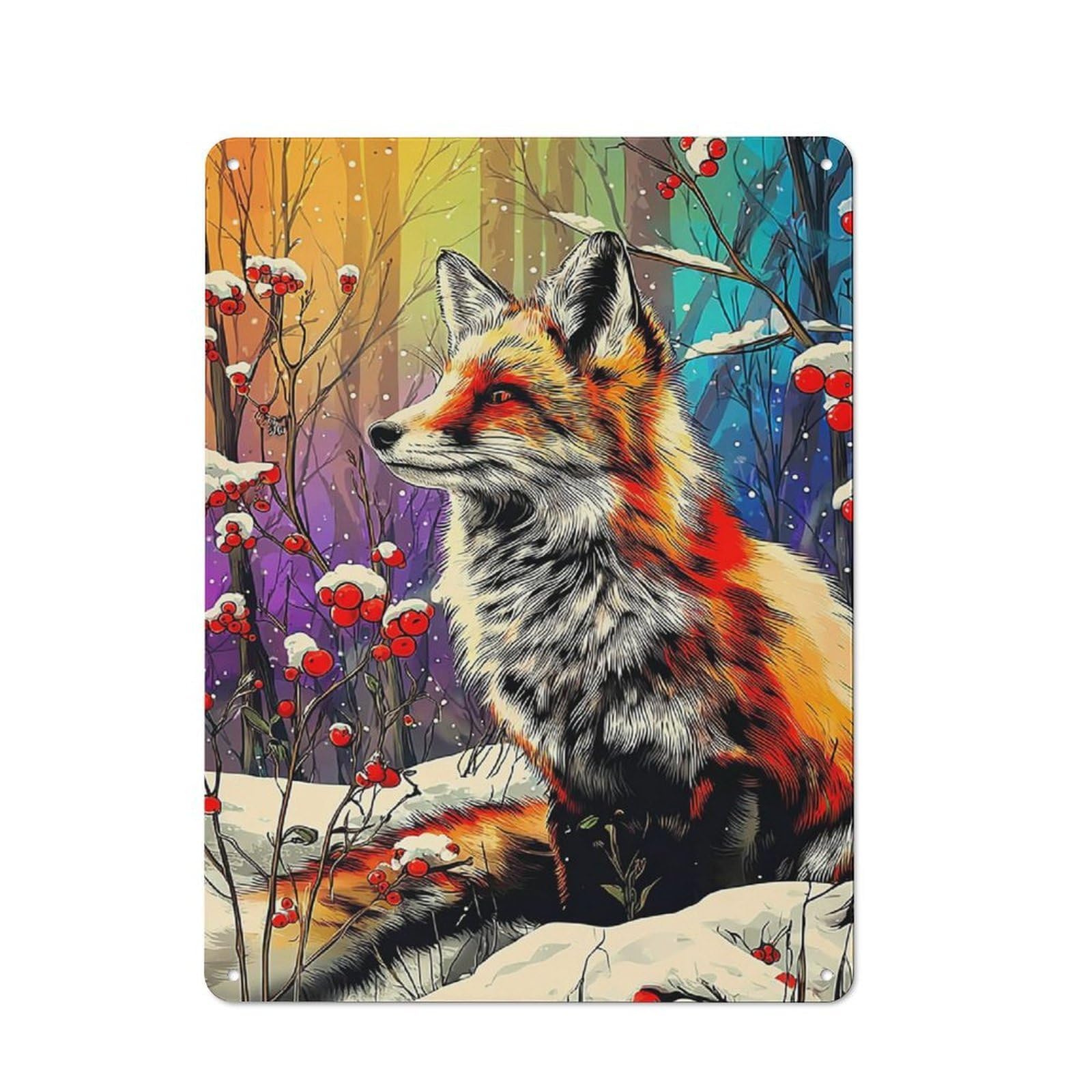 Junmoney Winter Fox In Snowy Forest 40X30cm Rustic Metal Sign With For Home Office Or Studio, Gift For Studio Owners During The Christmas Season