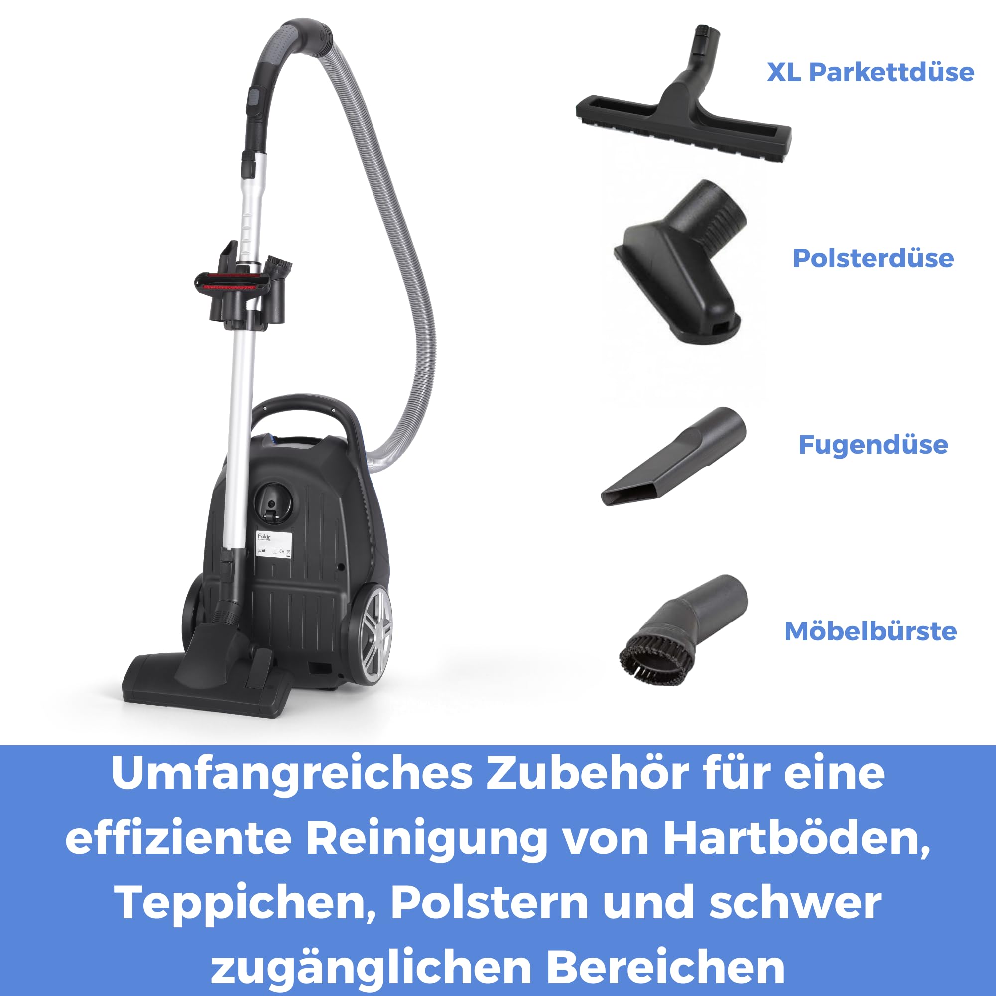 Fakir Blue Vac Power TS 721 Staubsauger mit Beutel 800W, Bodenstaubsauger mit Kabel, HEPA H14 Filter, sehr leisem Hocheffizienzmotor 69dB(A), großem 3l Staubbeutel & 12m Aktionsradius, Schwarz/Blau