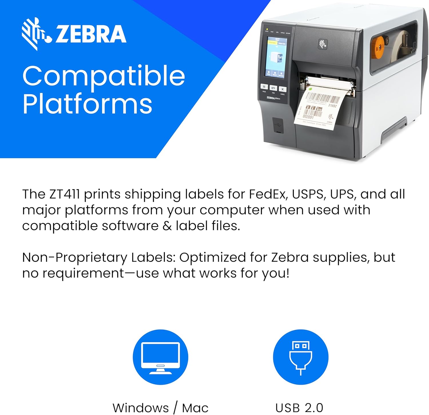 Zebra ZT411 Thermal Industrial Printer 4" | 300 DPI | No Ink Required | Bluetooth, USB, Serial, Ethernet | Touch Color LCD | 1 Year Warranty | Thermal Transfer
