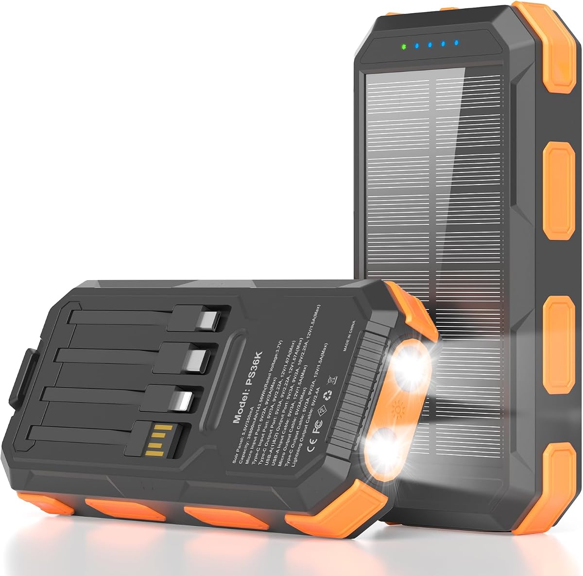 Solar Charger Power Bank 38800mAh, 22.5W USB-C Fast Charging Portable Charger with 4 Built-in Cables, External Battery Pack with Dual LED Emergency Flashlights for Camping, Hiking, Outdoor Use