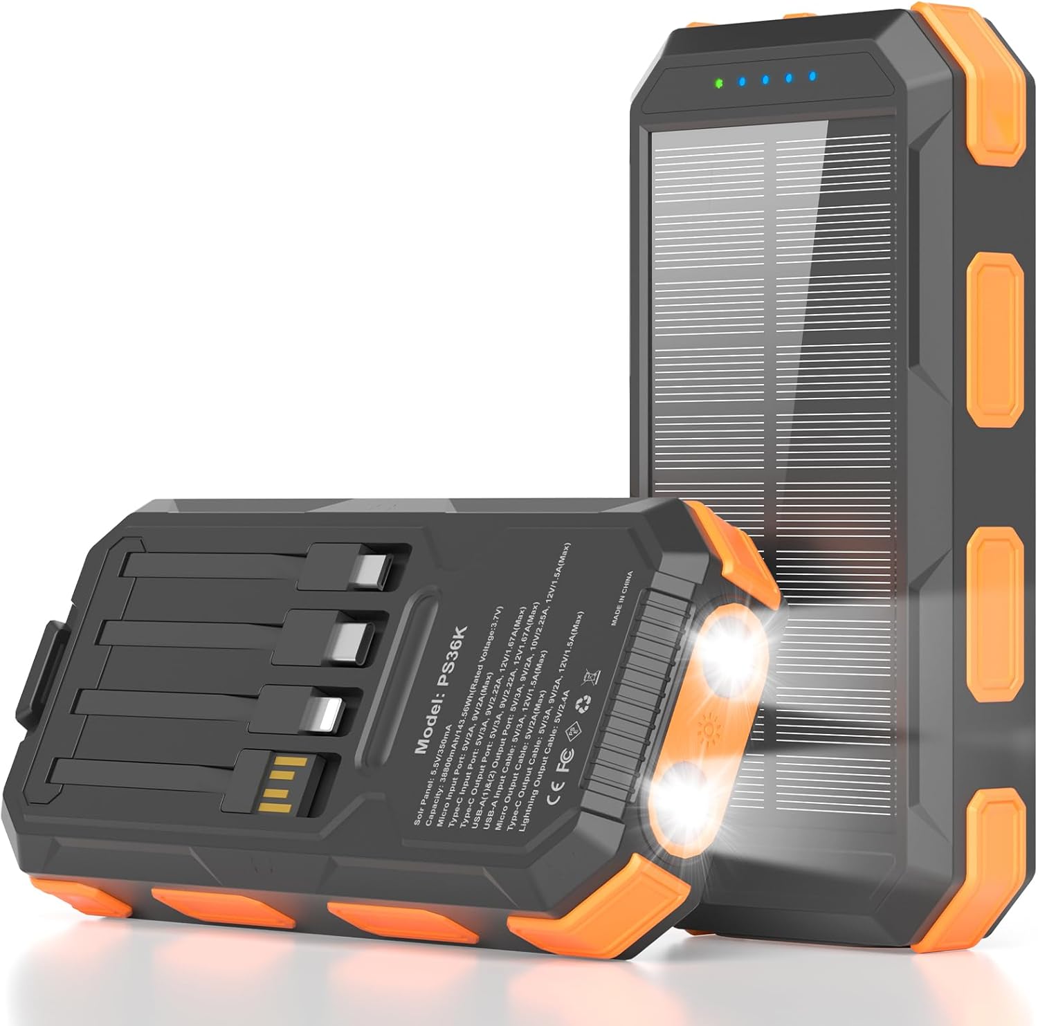 Solar Power Bank 38800mAh, Portable Charger, 4 Cables 4 Ports, PD22.5W Fast Charging External Battery Pack with USB C for Cell Phones, Solar Charger with Dual Flashlight, Perfect for Camping Travel