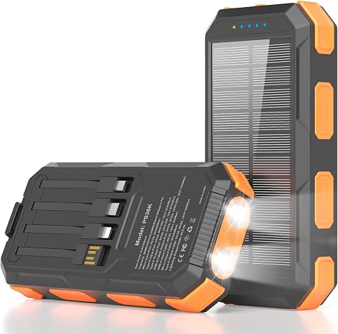 Solar Charger Power Bank 38800mAh, 22.5W USB-C Fast Charging Portable Charger with 4 Built-in Cables, External Battery Pack with…