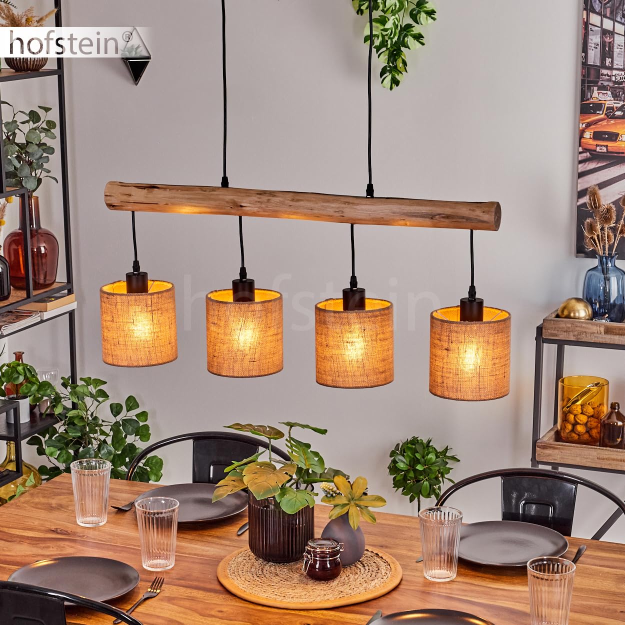HOFSTEIN Pendelleuchte Soungou, moderne Hängelampe aus Holz/Metall/Leinen in Natur/Schwarz/Beige, 4-flammige Hängeleuchte im skandinavischen Design, Höhe max. 135 cm, 4 x E27, Esszimmer, Wohnzimmer