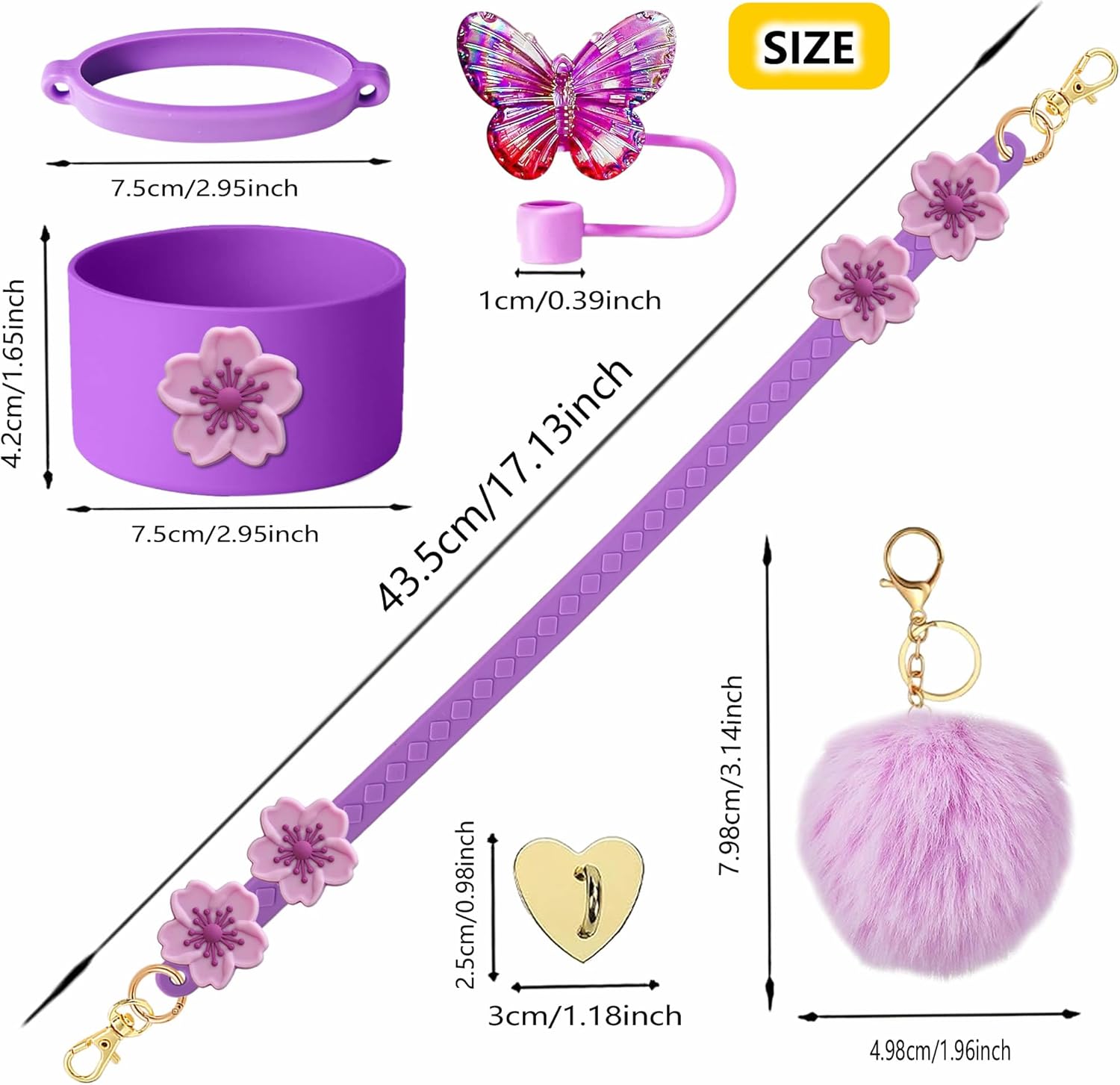 9pcs/set Cute Stanley Cup Accessories Set Including Adjustable Water Bottle Handle Strap, Silicone Boot, Silicone Straw Topper Cover, Anti-spill plug, Cute Charms,no cup (purple) - Image 3