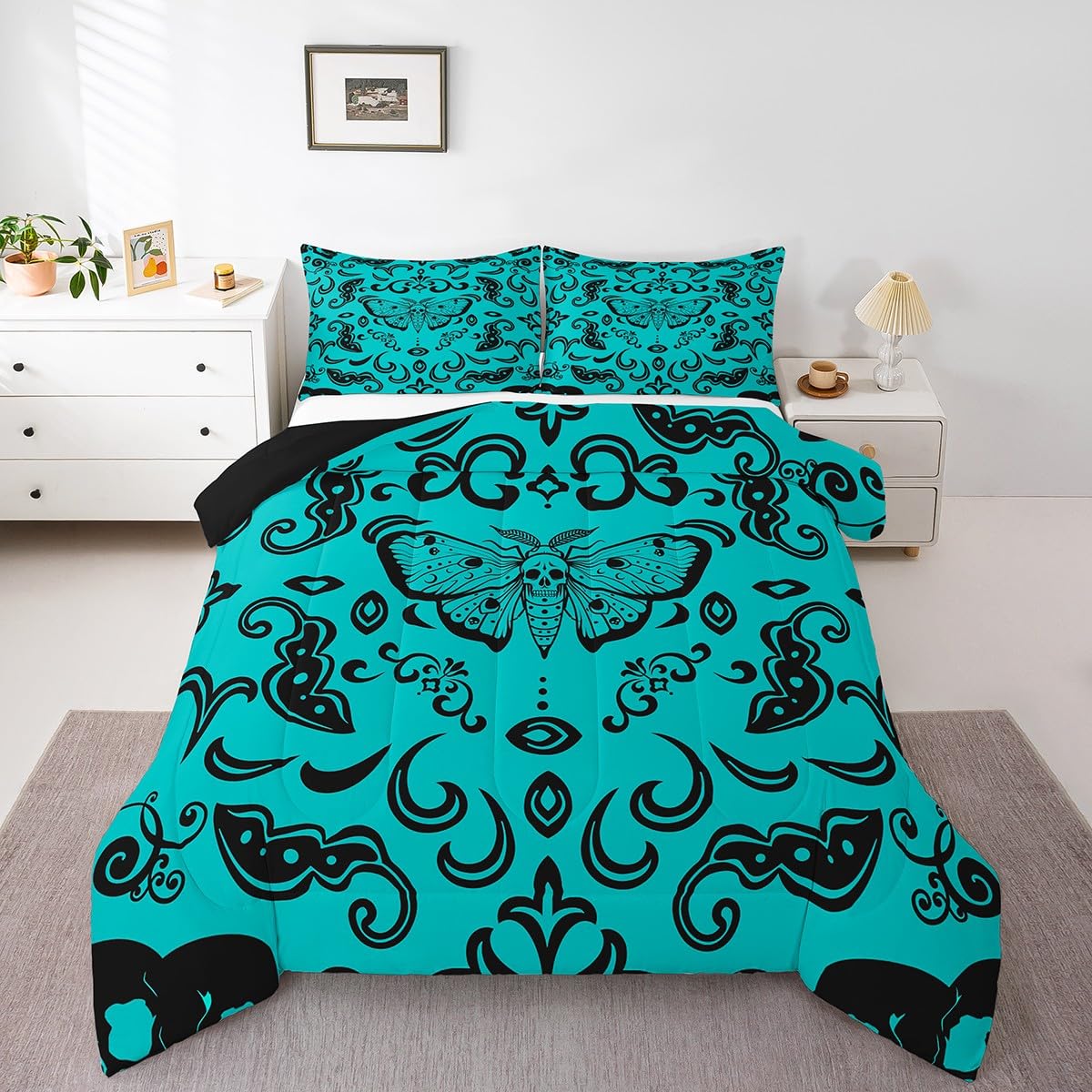 Homewish Gothic Death Moth Duvet Set Single Teal Black Damask Goth Bedding Set Boho Moth Skull Halloween Coverless Duvet for Kids Boys Adults Retro Hippie Animal Floral Quilt Duvet, Microfiber Soft