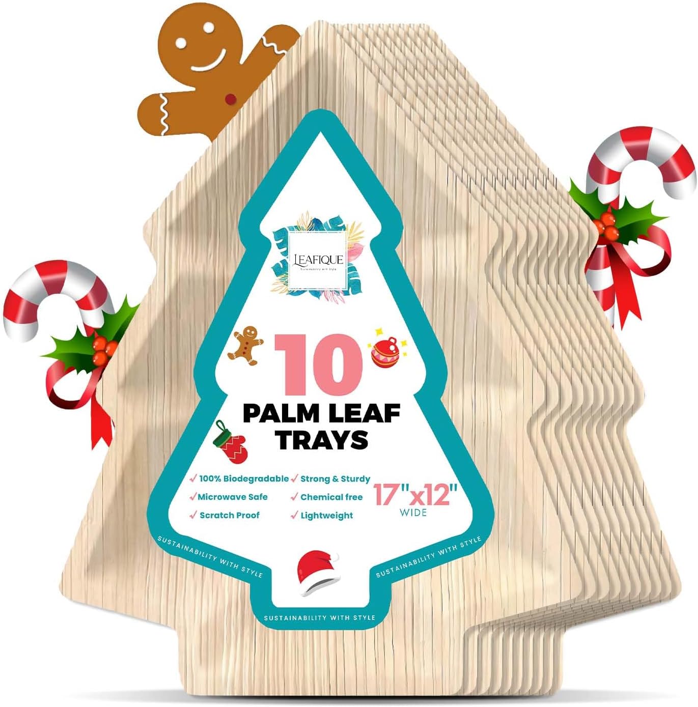 17 x 12 Inch Palm Leaf Christmas Tree Trays (Pack of 10) – Eco Friendly Bamboo Disposable Charcuterie Board, Biodegradable Holiday Serving Platters