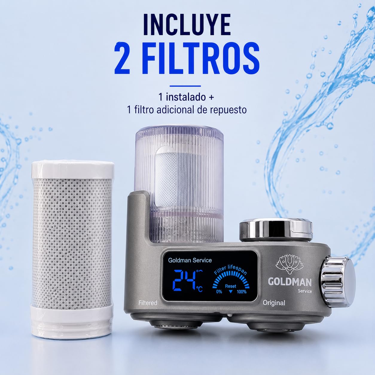 GOLDMAN SERVICE Filtro Purificador de Agua para Grifo con Pantalla Digital, Indicador de Temperatura en Tiempo Real, Filtro de Repuesto Incluido y 6 Adaptadores Universales