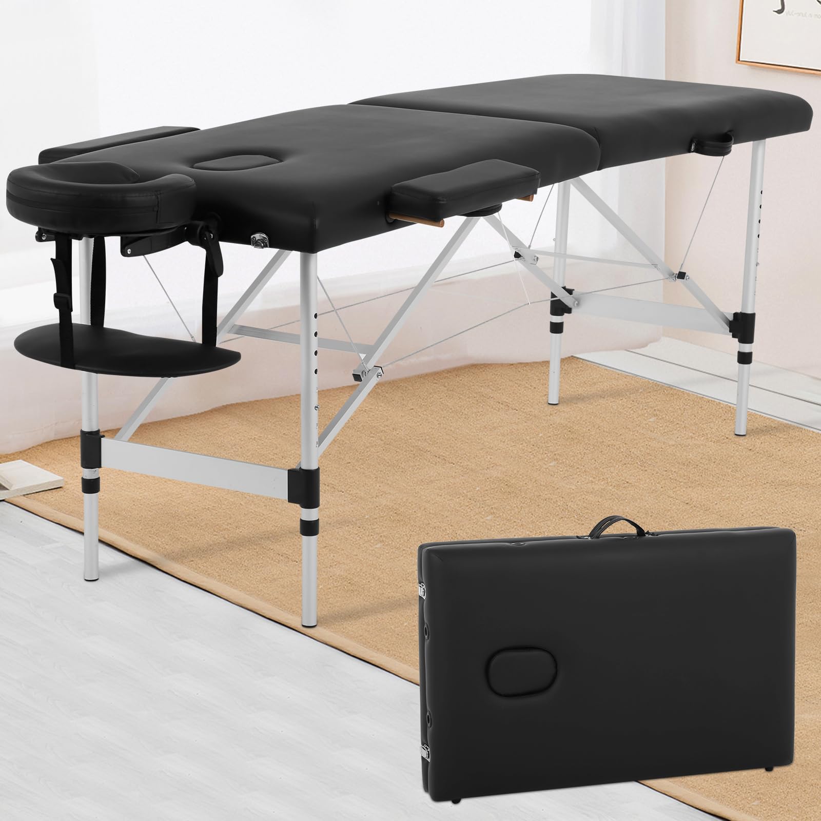 HGS Aluminium Massage Table 73 Inch Portable Bed Facial Salon Tattoo 2 Fold Spa with Carry Case, Adjustable Professional Folding, Black