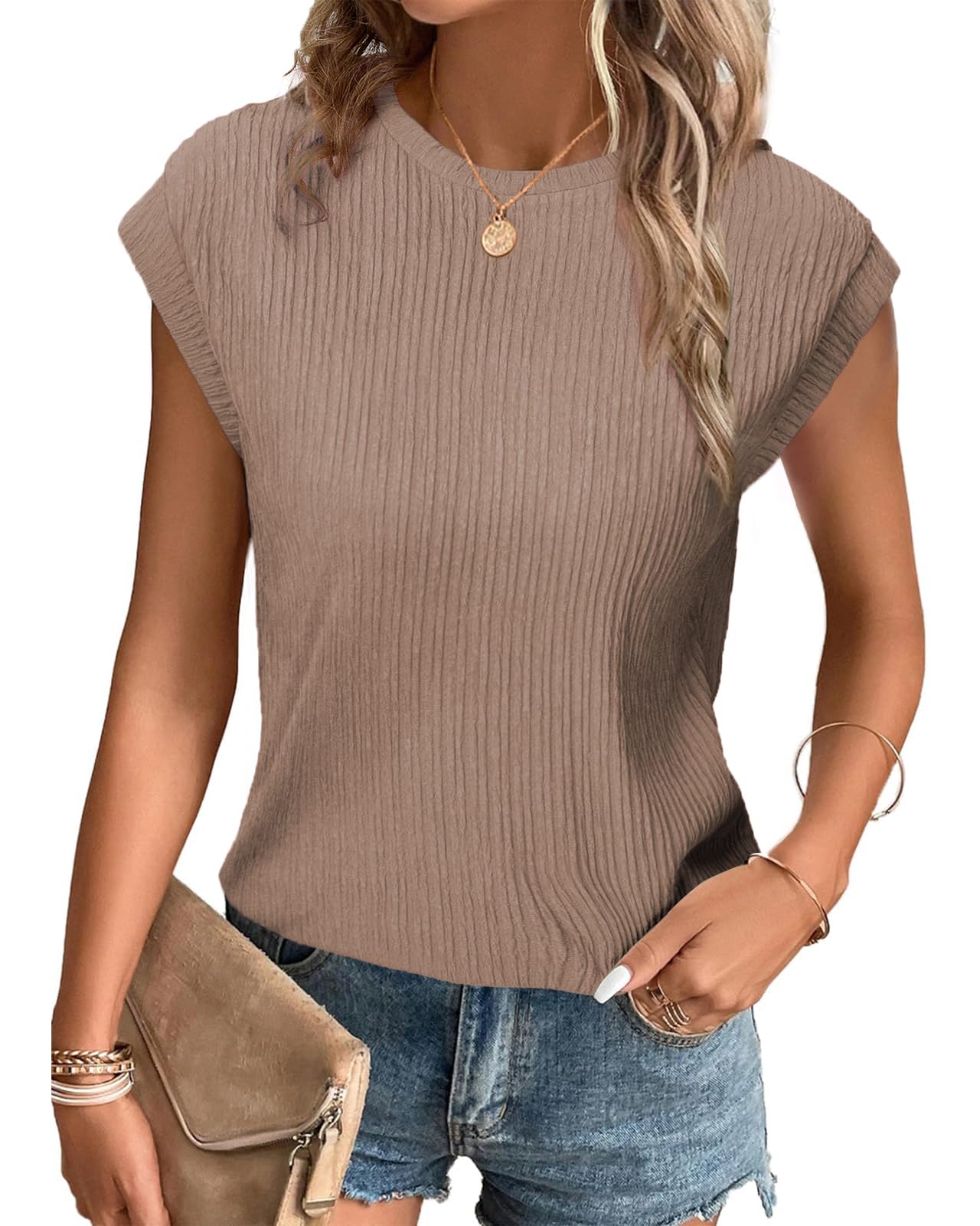 Tanmolo T-Shirt Damen Oberteile Sommer Tank Top mit Flügelärmeln Rundhals Strukturiertes Strickmaterial Unifarben Basic Bluse Elegant Casual