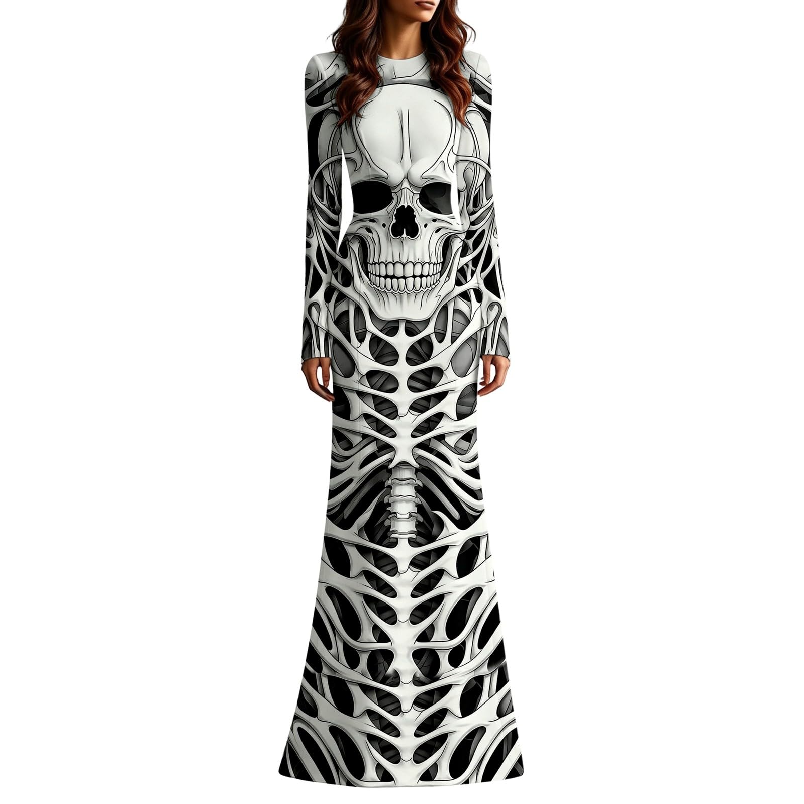 Women's Skeleton Print Mermaid Maxi Dress Long Sleeve Halloween Dresses for Women 3D Digital Print Floral Gothic Fancy Dress Costume