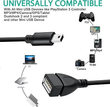 SaiTech IT Mini USB OTG Adapter Cable Black | USB A Female to Mini USB B OTG adapter cable, Compatible with Digital Cameras.