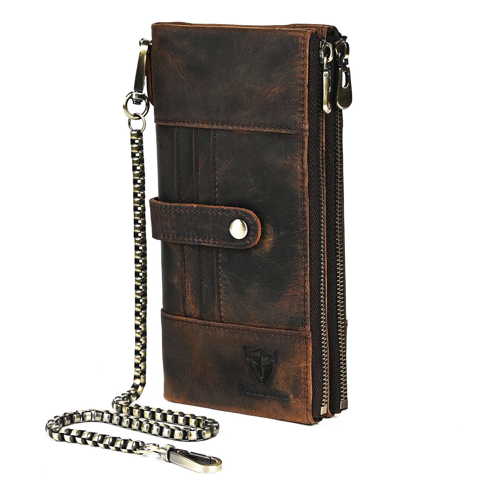 Handadsume Genuine Crazy Horse Leather Travel Gift Coin Pocket Card Case Long Organizer Chain Rfid Wallet Purse With Snap For Men Male 1803 1815 (1822