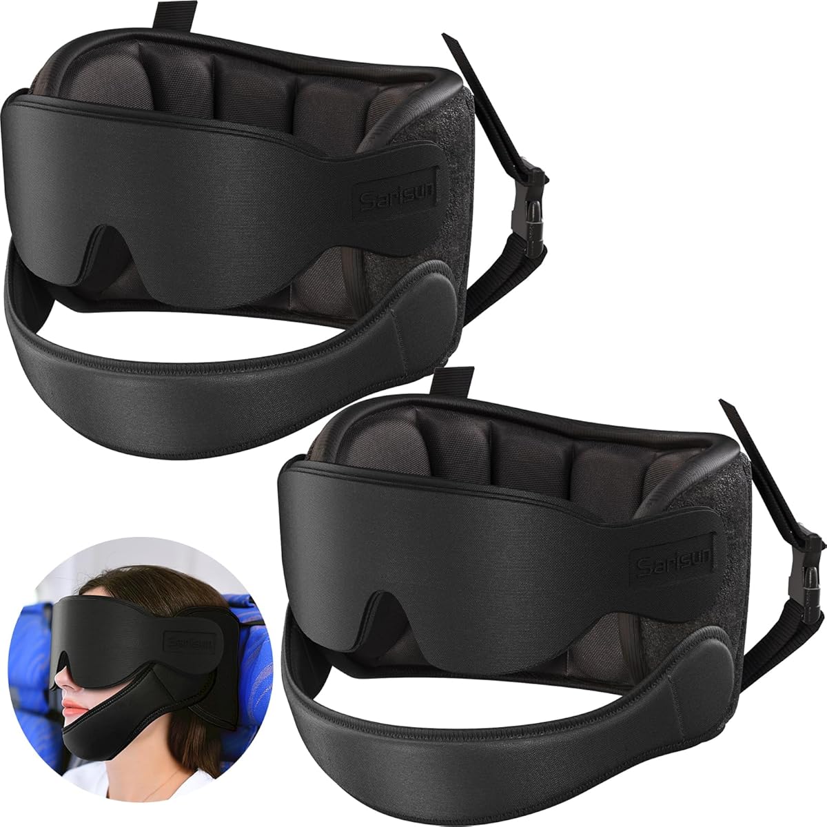 Airplane Pillow, Travel Pillows for Airplanes with Sleep Eye Mask, 360° Airplane Pillow for Long Flights, Car Road Trip, Car Headrest, Stop Bobblehead, Combo with Chin Strap,2-Pack Black