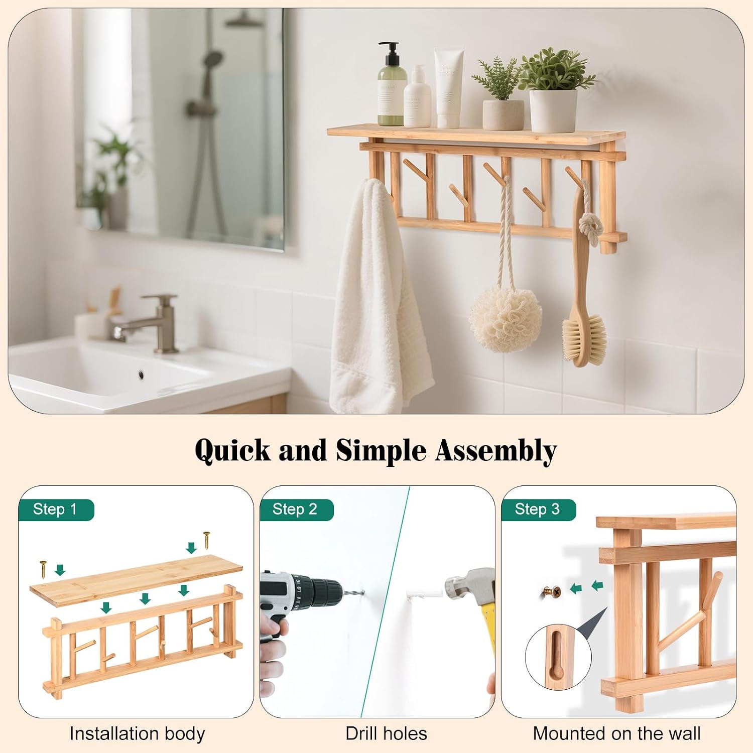 Key Holder for Wall Wall-Mounted Key Holder with Shelf 6 Rotating Key Hooks for Rustic Entrances Hallway/Living Room/Bedroom/Kitchen (Bamboo)