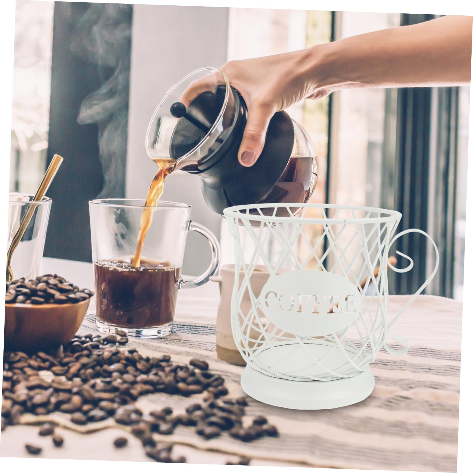 OKUMEYR 1Pc Stylish Metal Coffee Holder Organizer White Versatile Storage Basket for Coffee Capsules Fruits Snacks Design for Kitchen Office Use Capacity