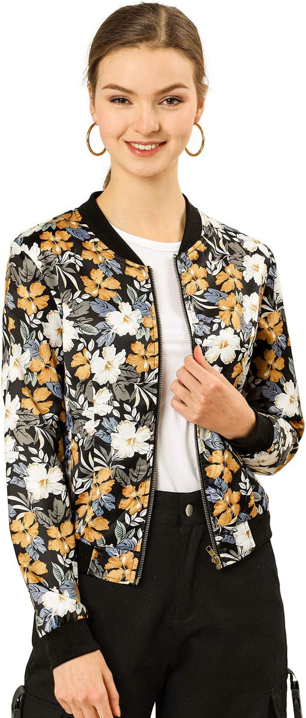 Allegra K Women's Bomber Jacket Satin Long Sleeve Zipper Floral Print Casual Fall Coat with Pocket Winter Outwear