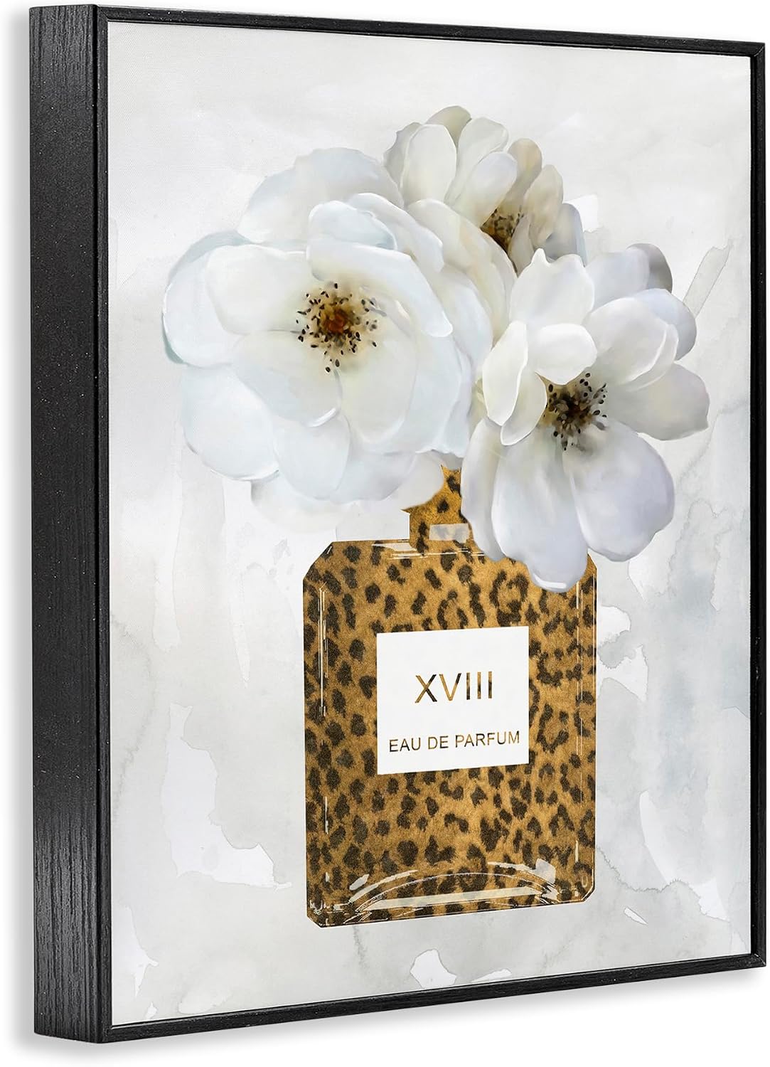Stupell Industries Leopard Print Perfume Bottle Glam White Spring Florals, Design by Carol Robinson Black Framed Wall Art, 11 x 14
