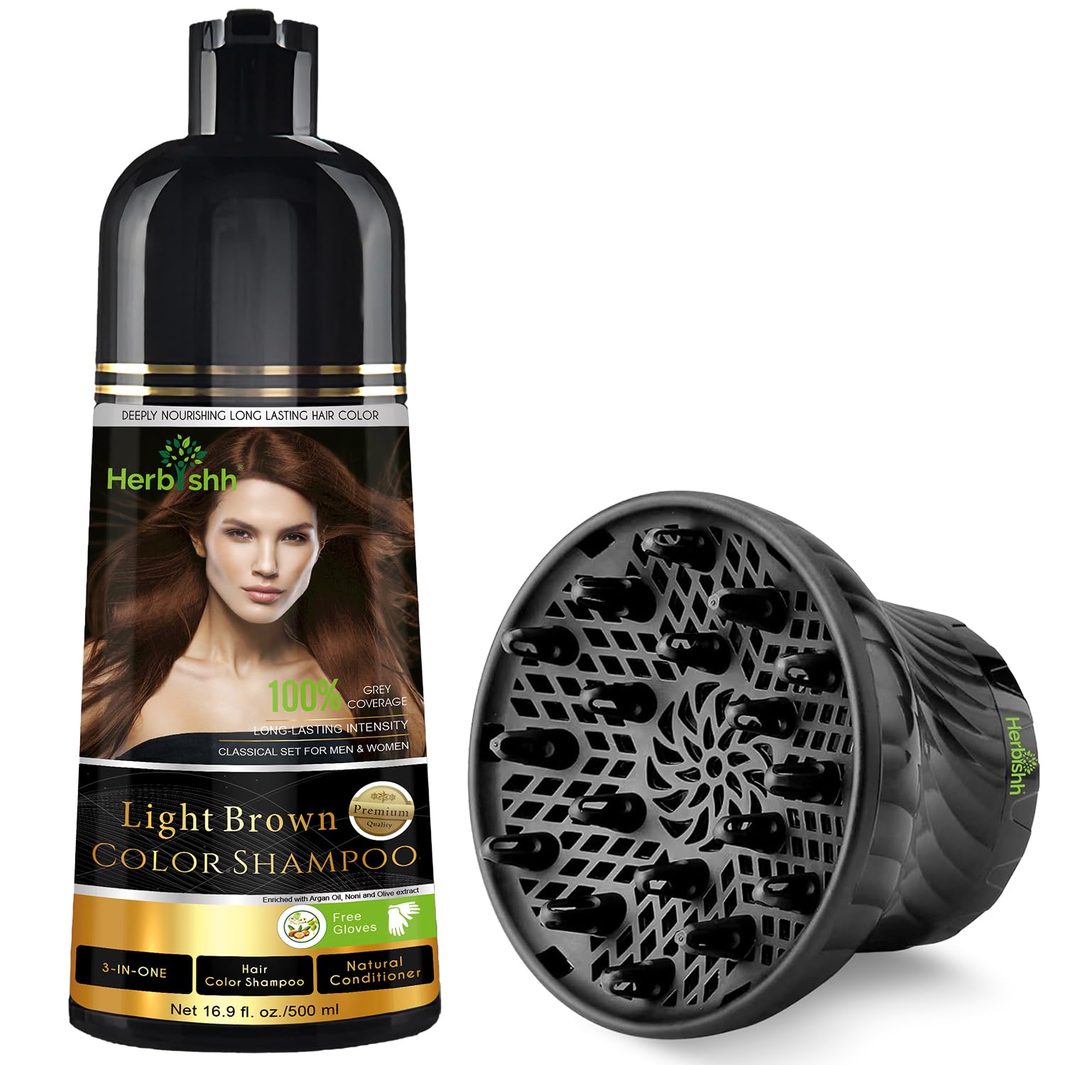 Herbishh Hair Color Shampoo Light Brown for Grey + Hair Dryer Diffuser Black Attachment for Even Heat Distribution, Universal Fit for Curly, Thick & Wavy Hair, Reduces Frizz & Adds Volume