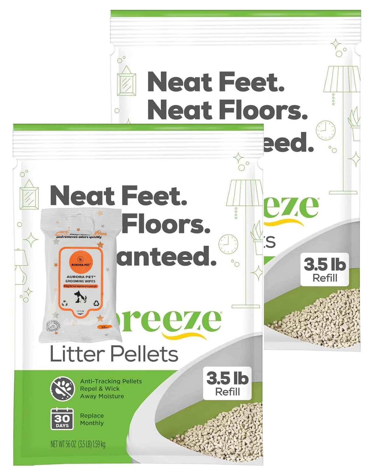 Bundle Pack (2) Tidy Cat Breeze Cat Litter Pellets 3.5 lbs with AuroraPet Wipes