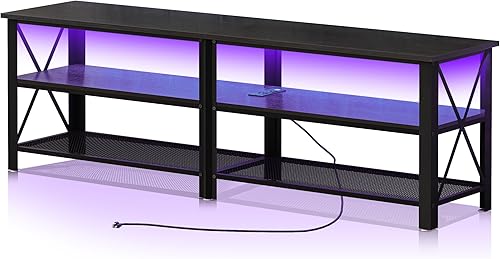 Clikuutory Moderno soporte de TV de metal negro de 63 pulgadas con luces LED y tomas de corriente para televisores de 40, 50, 55, 60, 65, 70