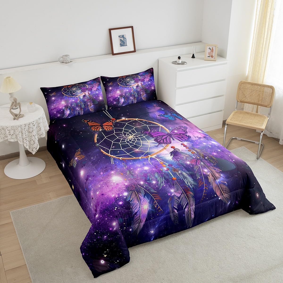 Castle Fairy Dreamcatcher Comforter Set Adult,Starry Galaxy Dreaming Universe Light-Weight Microfiber Bedding Decor,Tribal Dream Catcher Feather Bedroom Decor Comforter,Queen Size with 2 Pillowcase