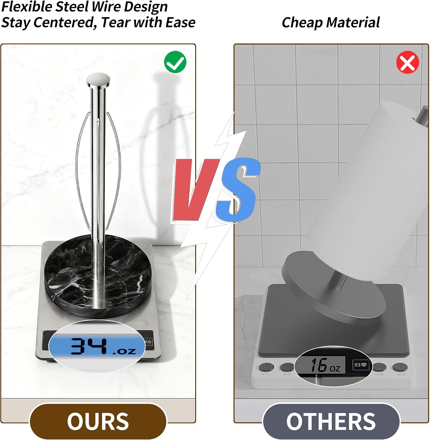 YIGII Heavy Marble Base Paper Towel Holder Countertop - Standing Paper Towel Roll Holder with Black Weighted Base, Gold Papertowel Holder for Kitchen image 5
