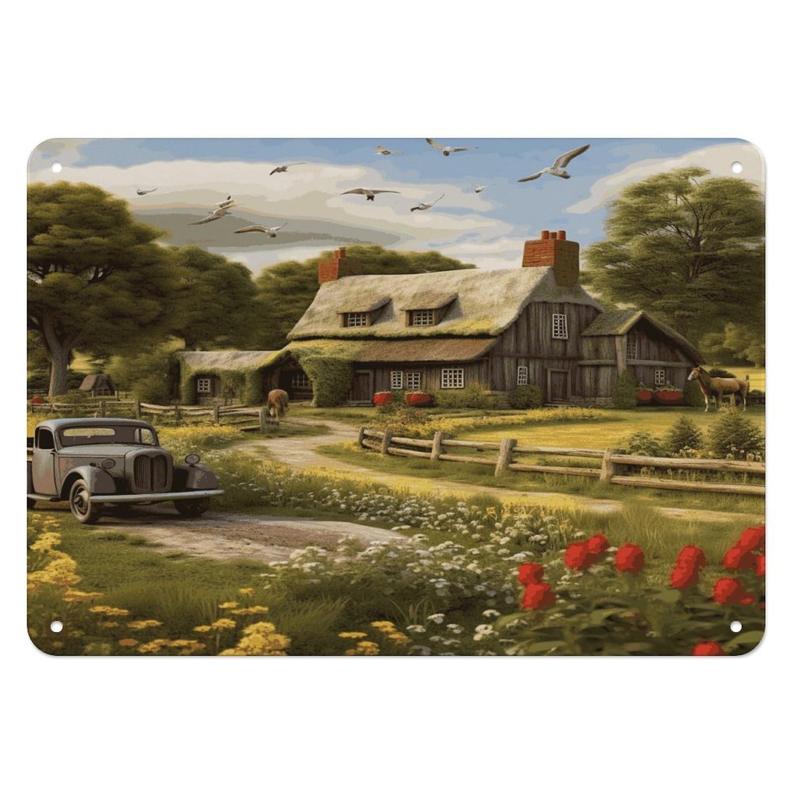 Fodpand Style Farm Thatched Cottage Retro Vintage Metal Tin Sign,Wall Art Decor Garden Plaque Poster For Bedrooms Yard Bars Pubs Patios Porches 7.9X5.5 Inch